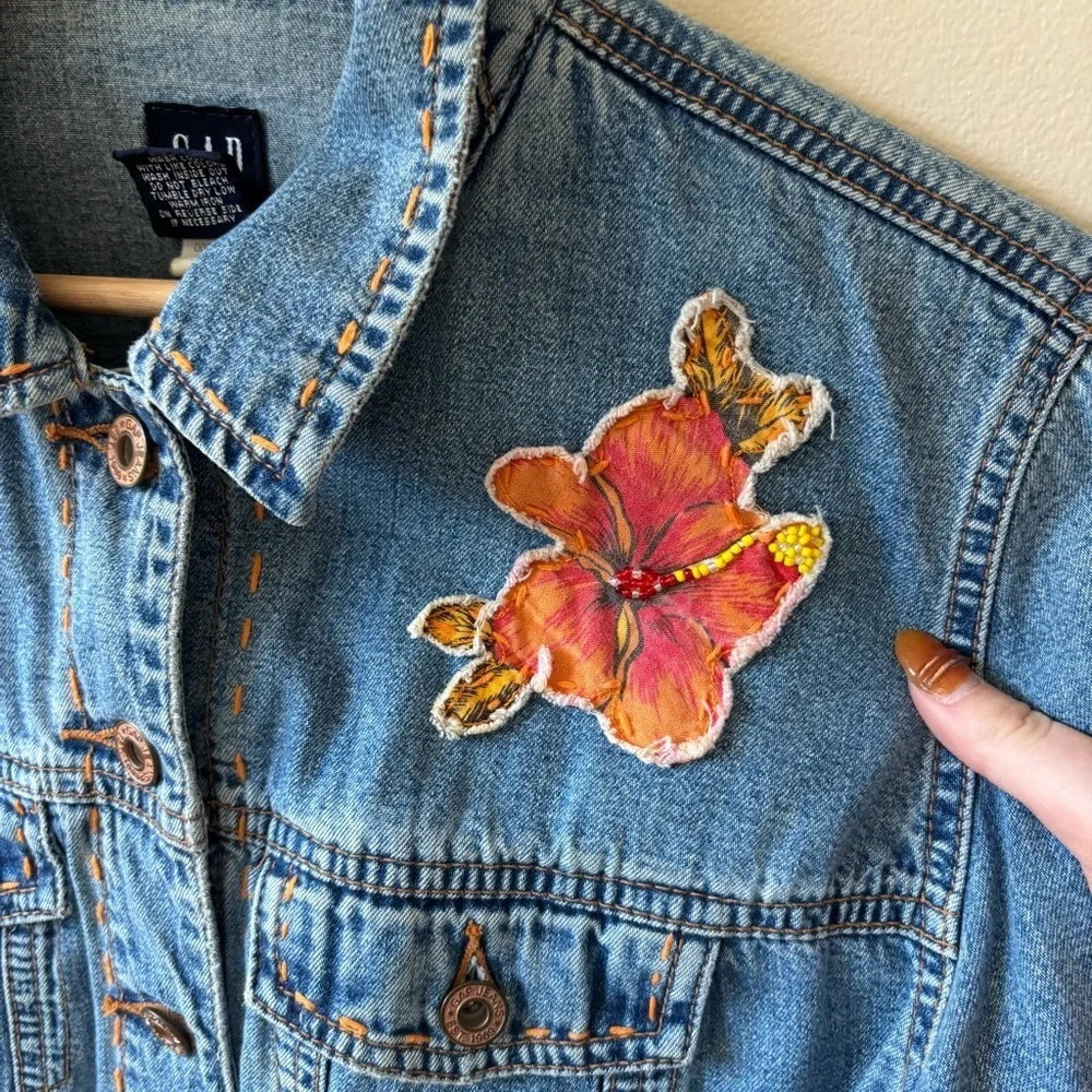 GAP Cropped Denim Jacket with Orange Stitching and Flower Patch